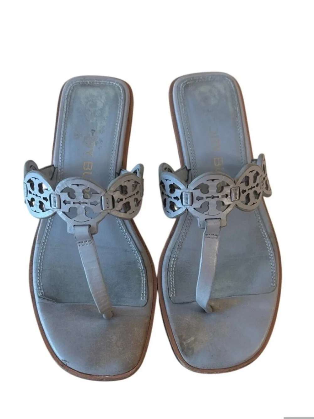 Tory Burch Mini Miller Thong Sandals 7 Blue Tiny Medallion‎ Logo